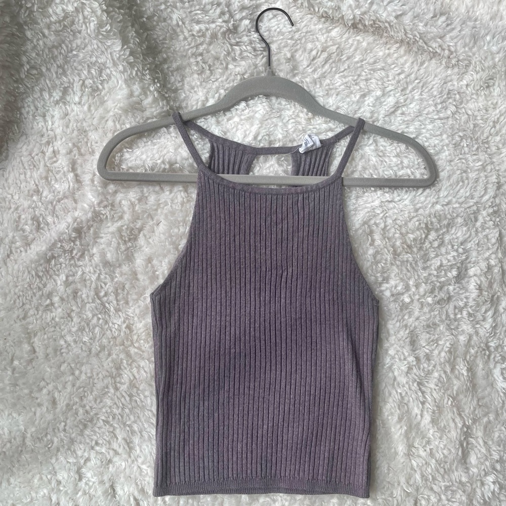 Purple sweater ribbed halter crop top